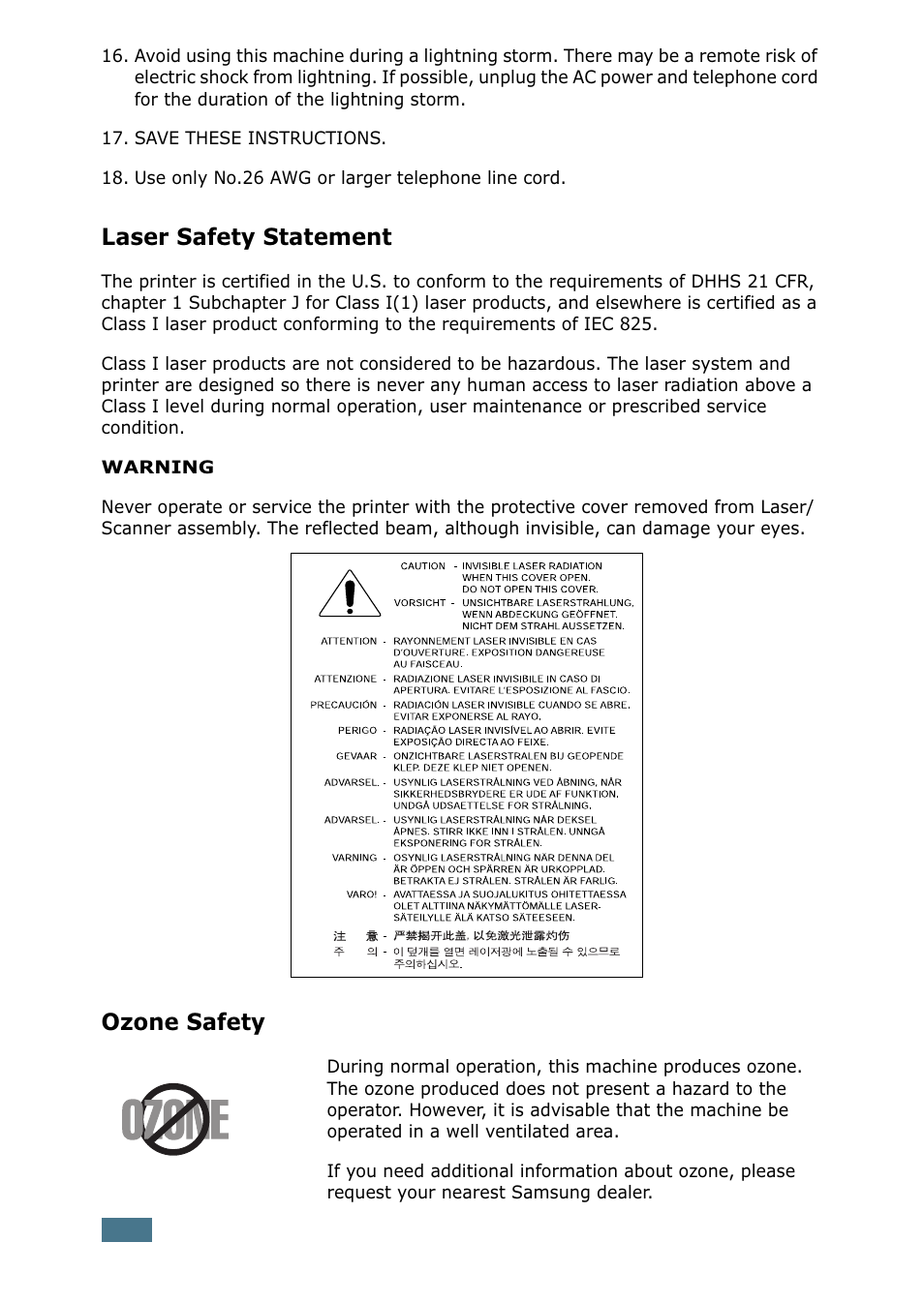 Laser safety statement, Ozone safety | Samsung SF-755P User Manual | Page 11 / 219