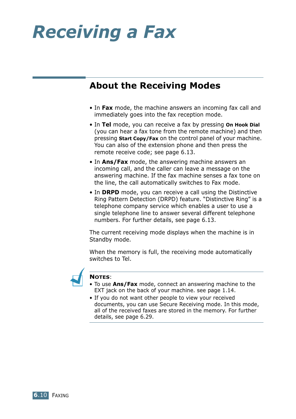 About the receiving modes, Receiving a fax | Samsung SF-755P User Manual | Page 117 / 219