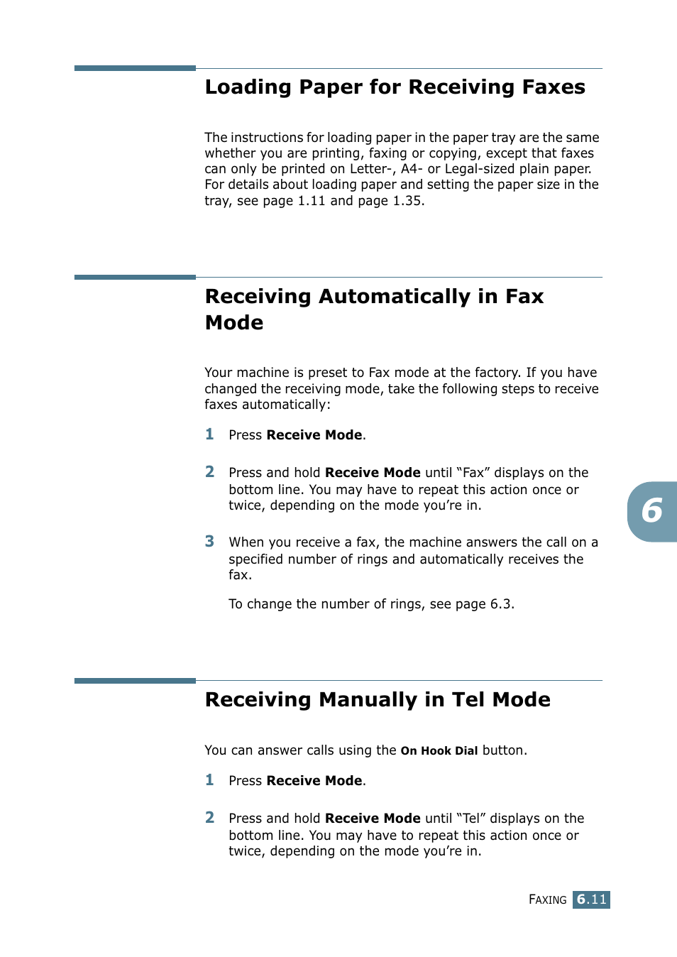 Loading paper for receiving faxes, Receiving automatically in fax mode, Receiving manually in tel mode | Samsung SF-755P User Manual | Page 118 / 219