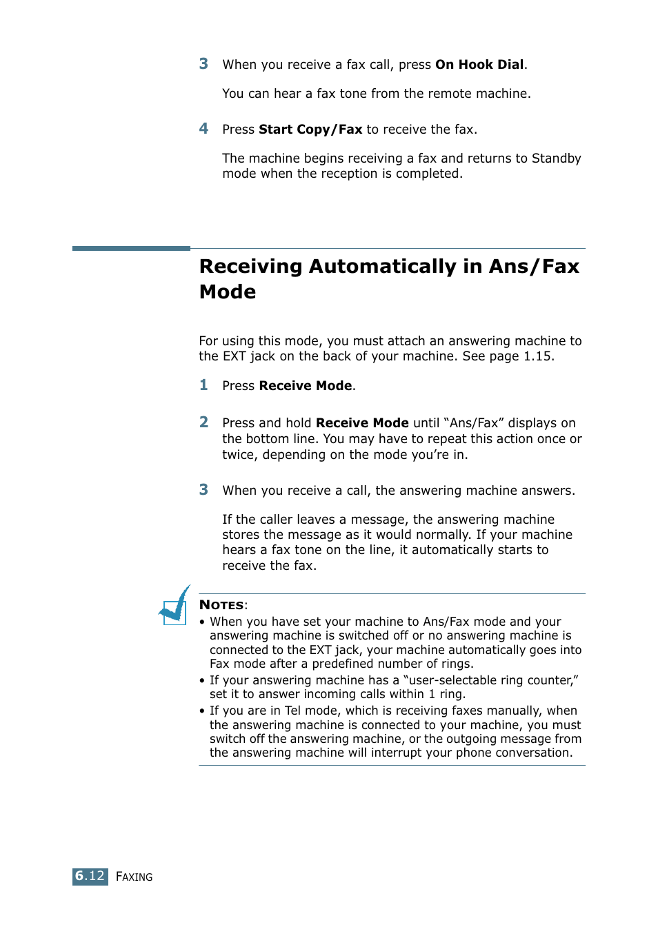 Receiving automatically in ans/fax mode | Samsung SF-755P User Manual | Page 119 / 219