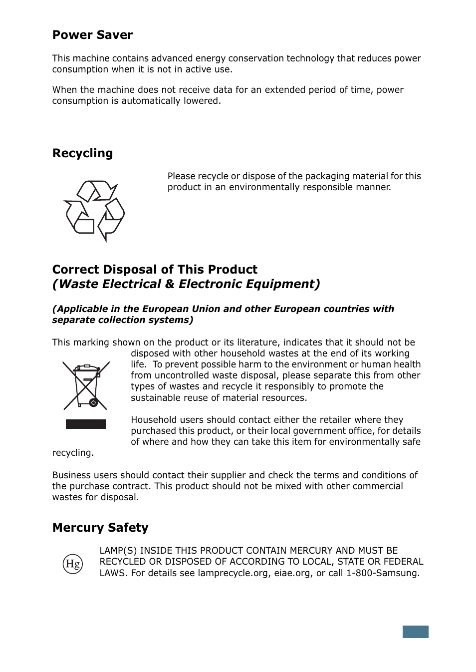 Power saver, Recycling, Mercury safety | Samsung SF-755P User Manual | Page 12 / 219