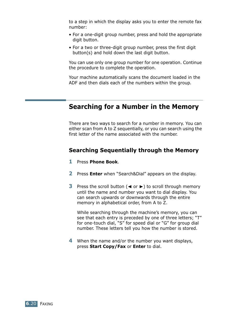 Searching for a number in the memory, Searching sequentially through the memory | Samsung SF-755P User Manual | Page 127 / 219