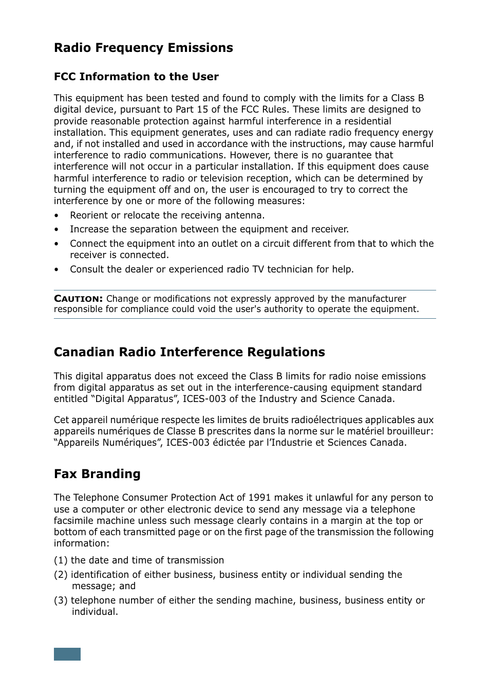 Radio frequency emissions, Canadian radio interference regulations, Fax branding | Samsung SF-755P User Manual | Page 13 / 219
