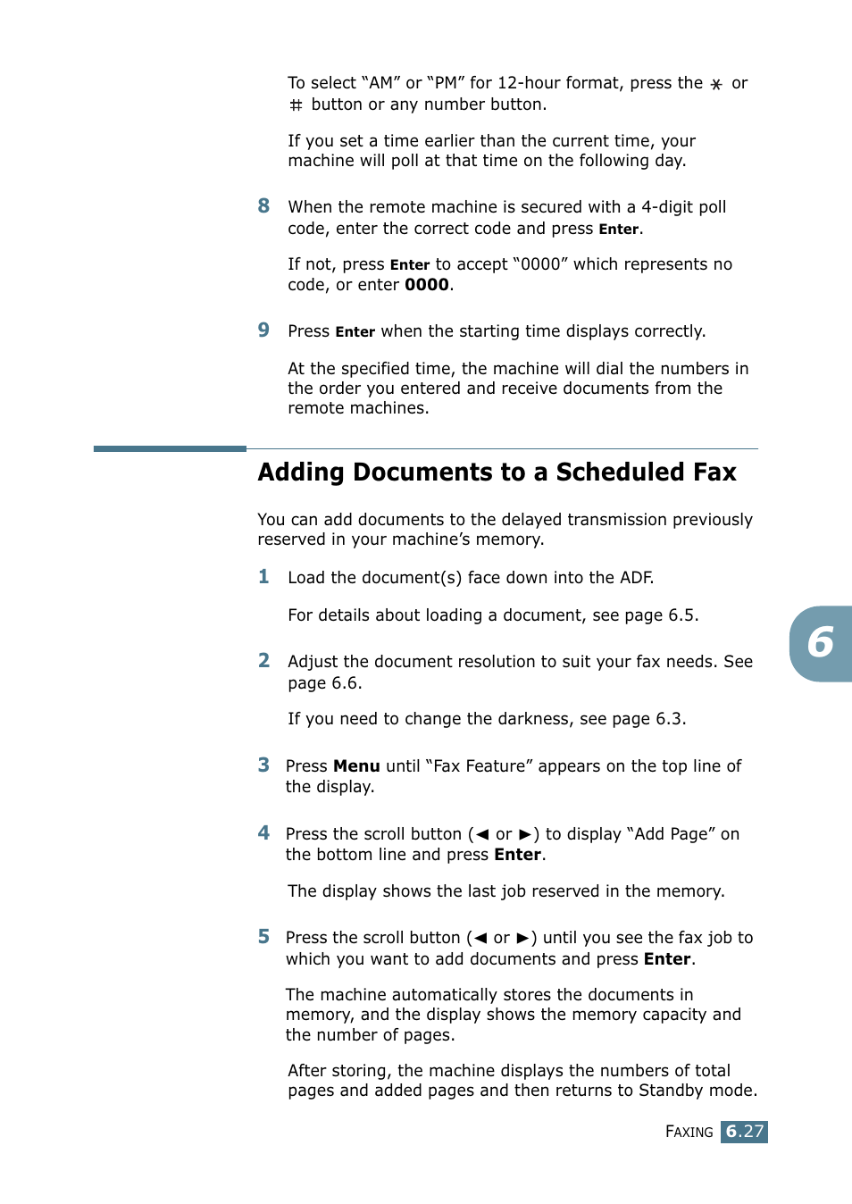 Adding documents to a scheduled fax | Samsung SF-755P User Manual | Page 134 / 219