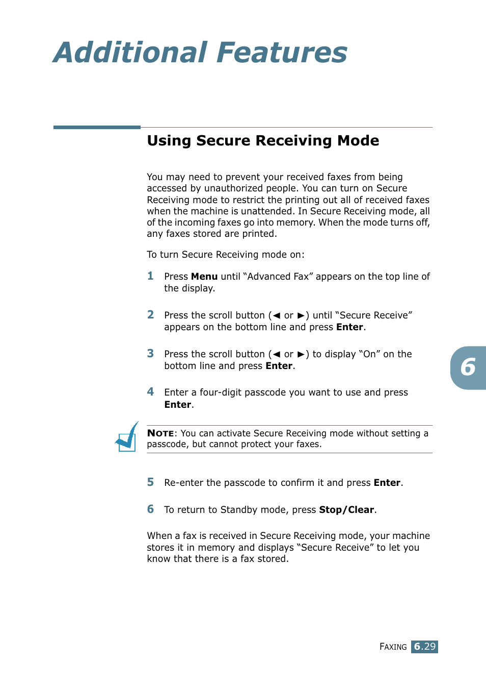 Using secure receiving mode, Additional features | Samsung SF-755P User Manual | Page 136 / 219