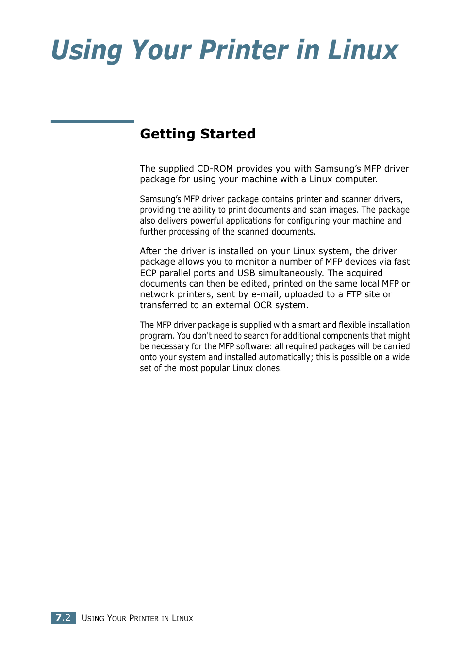 Getting started, Using your printer in linux | Samsung SF-755P User Manual | Page 147 / 219