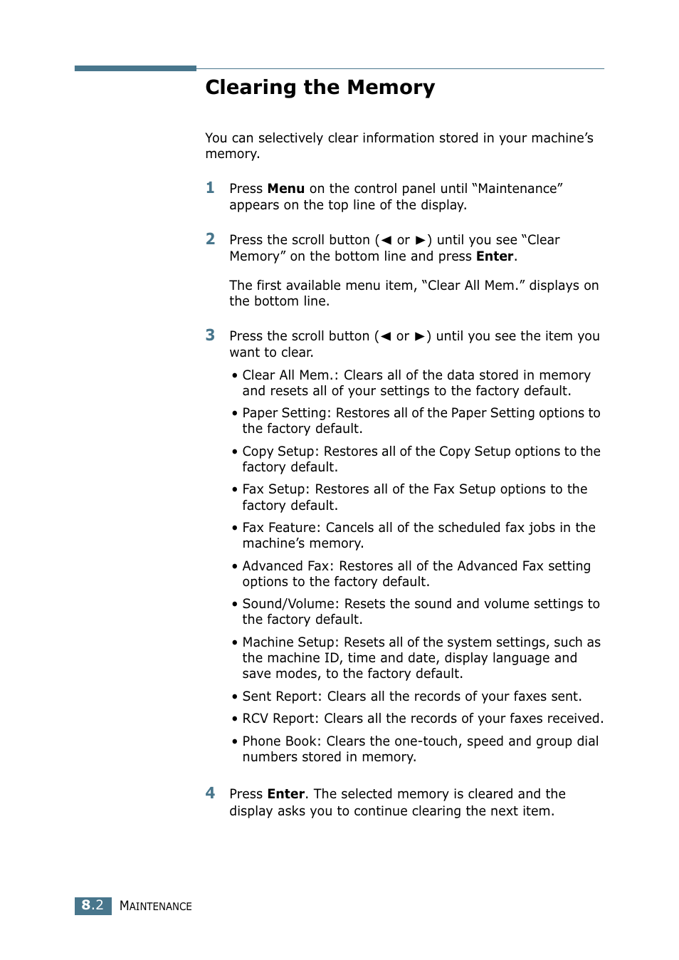 Clearing the memory | Samsung SF-755P User Manual | Page 165 / 219