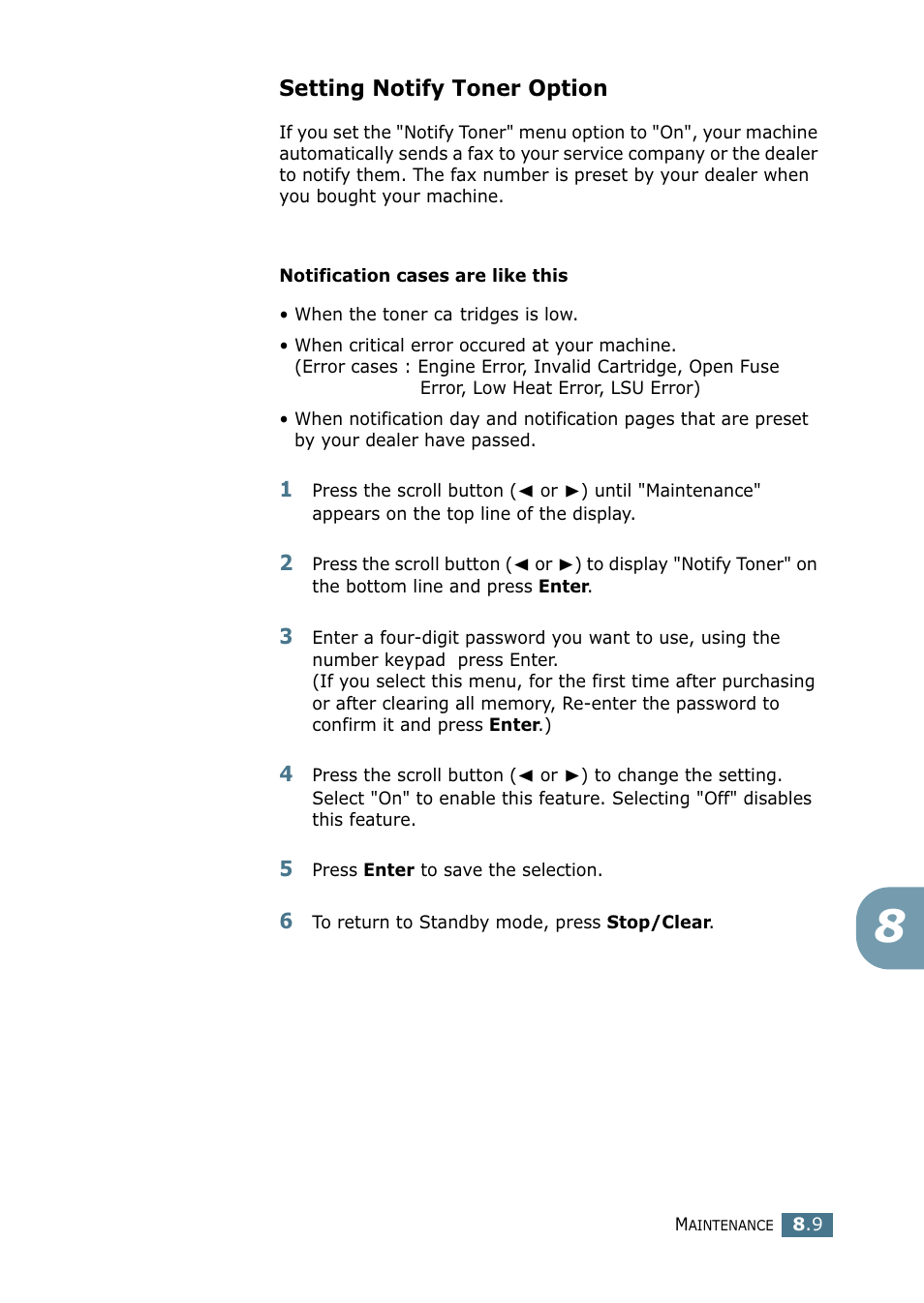 Setting notify toner option | Samsung SF-755P User Manual | Page 172 / 219
