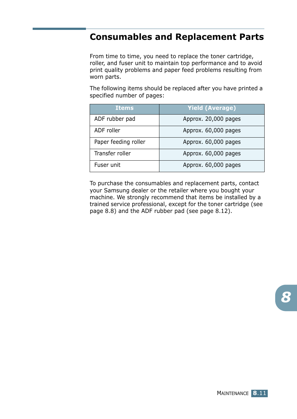 Consumables and replacement parts, Replacing the adf rubber pad | Samsung SF-755P User Manual | Page 174 / 219