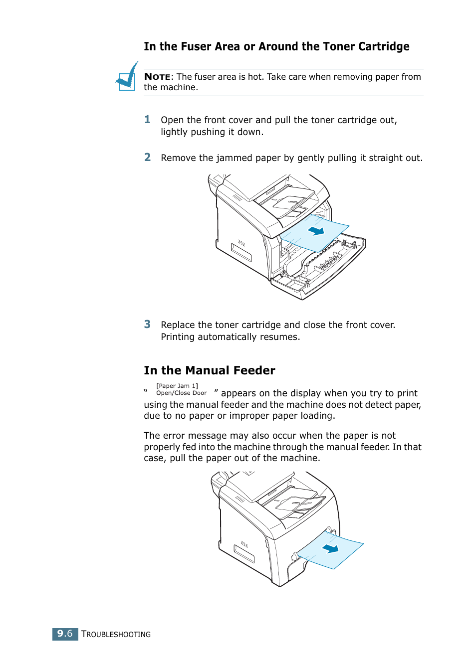 In the fuser area or around the toner cartridge, In the manual feeder | Samsung SF-755P User Manual | Page 181 / 219