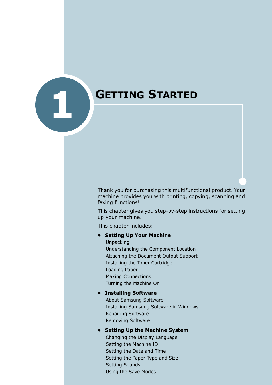 Getting started, Chapter 1, Etting | Tarted | Samsung SF-755P User Manual | Page 20 / 219