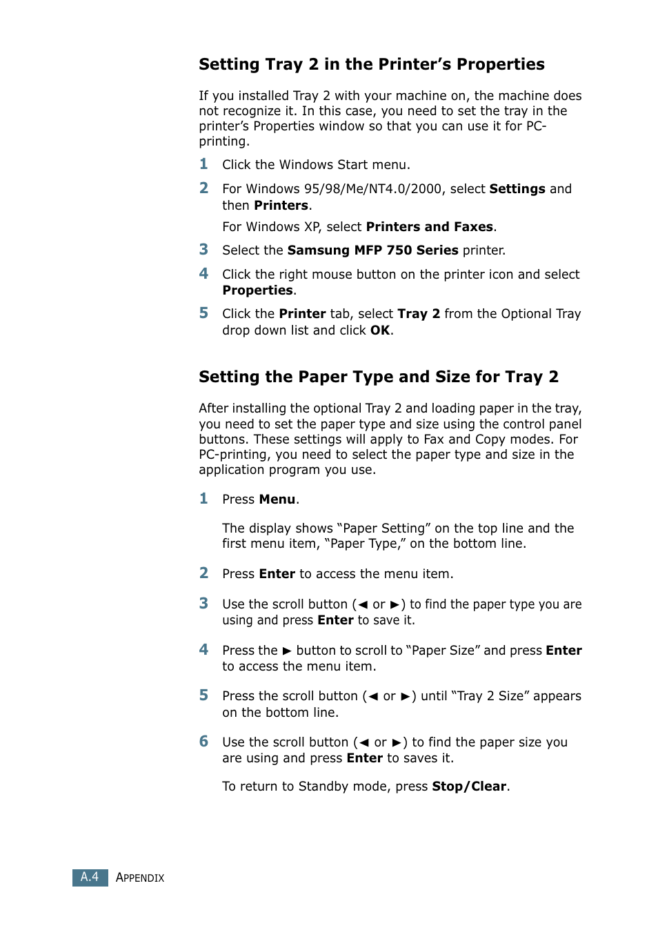 Setting tray 2 in the printer’s properties, Setting the paper type and size for tray 2 | Samsung SF-755P User Manual | Page 205 / 219