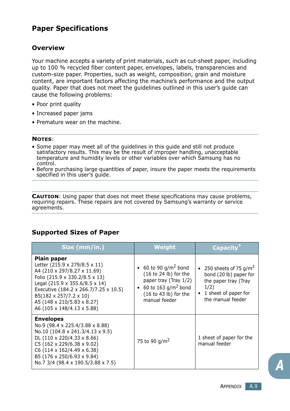 Paper specifications, Use only recommended print materials. see “paper, See “paper specifications | Samsung SF-755P User Manual | Page 210 / 219
