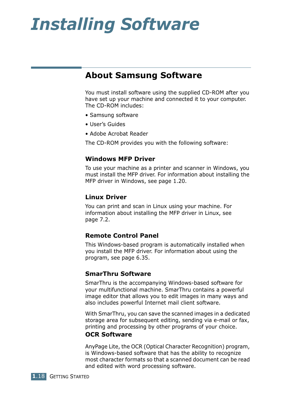 About samsung software, Installing software | Samsung SF-755P User Manual | Page 37 / 219