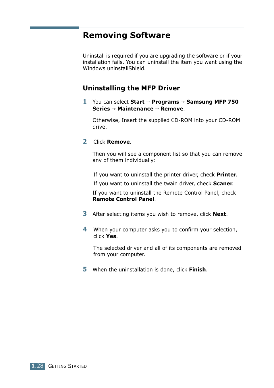 Removing software, Uninstalling the mfp driver | Samsung SF-755P User Manual | Page 47 / 219
