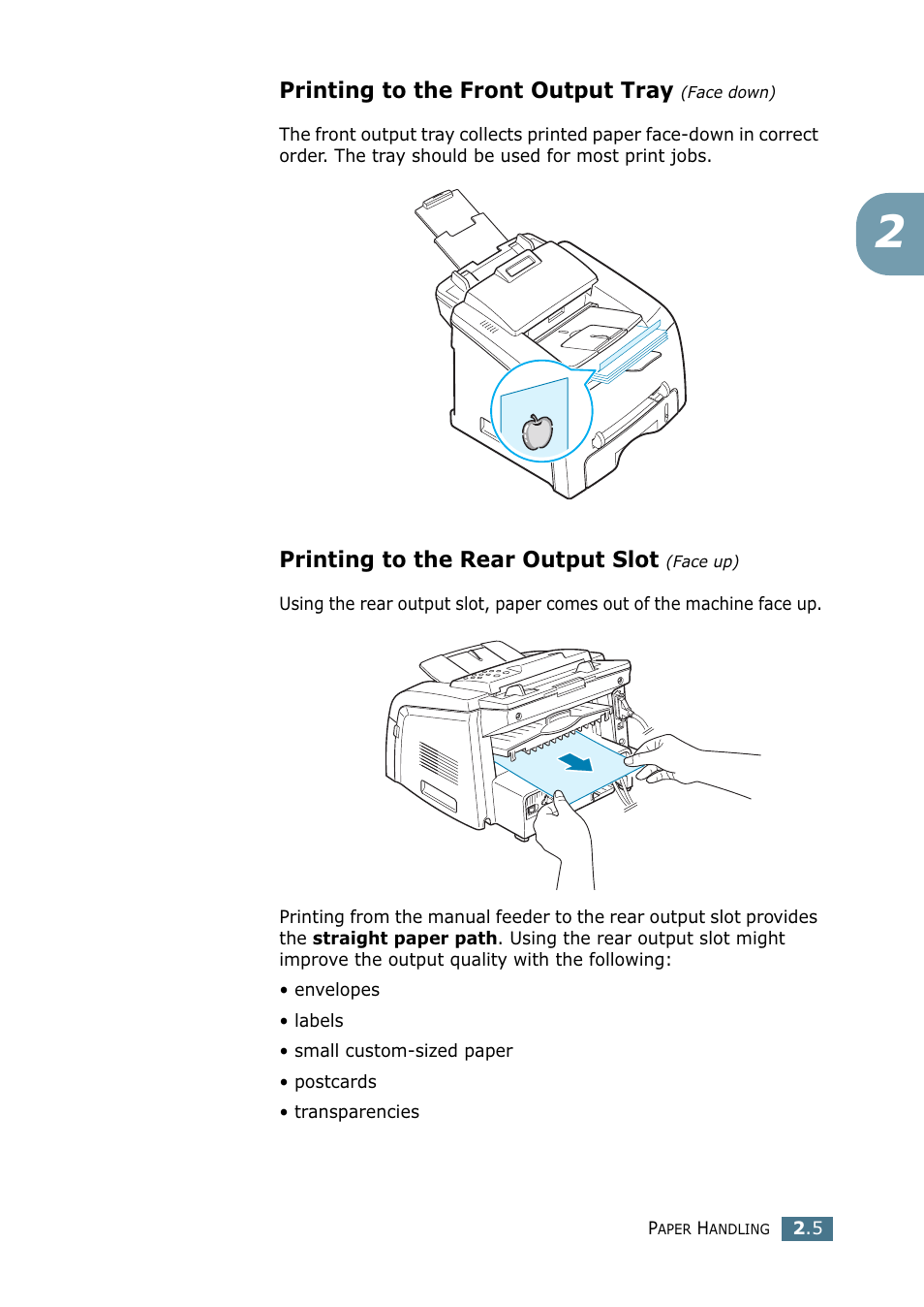 Printing to the front output tray (face down), Printing to the rear output slot (face up), Printing to the front output tray | Printing to the rear output slot | Samsung SF-755P User Manual | Page 64 / 219