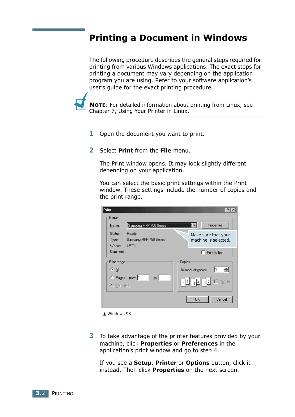 Printing a document in windows | Samsung SF-755P User Manual | Page 71 / 219