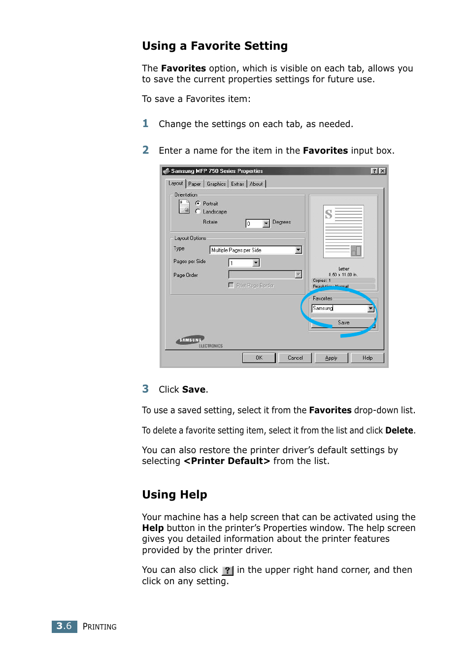 Using a favorite setting, Using help, Using a favorite setting using help | Samsung SF-755P User Manual | Page 75 / 219