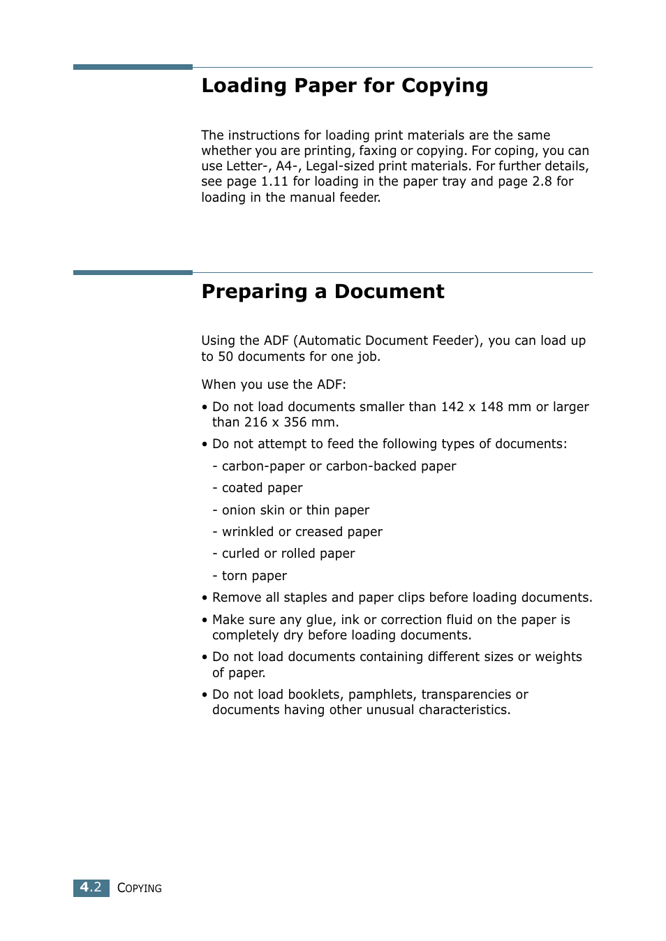 Loading paper for copying, Preparing a document, Loading paper for copying preparing a document | Samsung SF-755P User Manual | Page 95 / 219