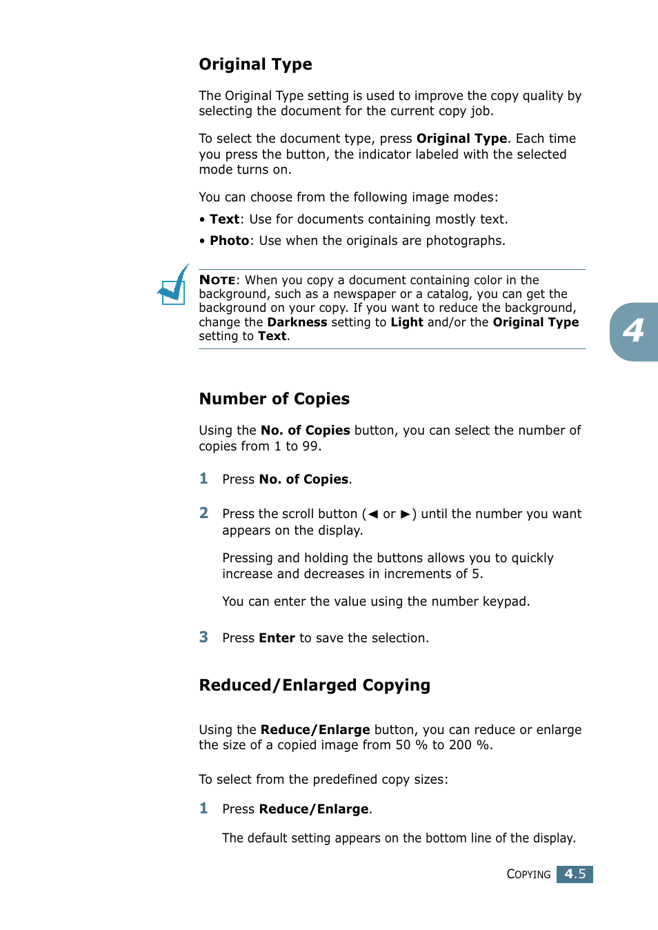 Original type, Number of copies, Reduced/enlarged copying | Samsung SF-755P User Manual | Page 98 / 219
