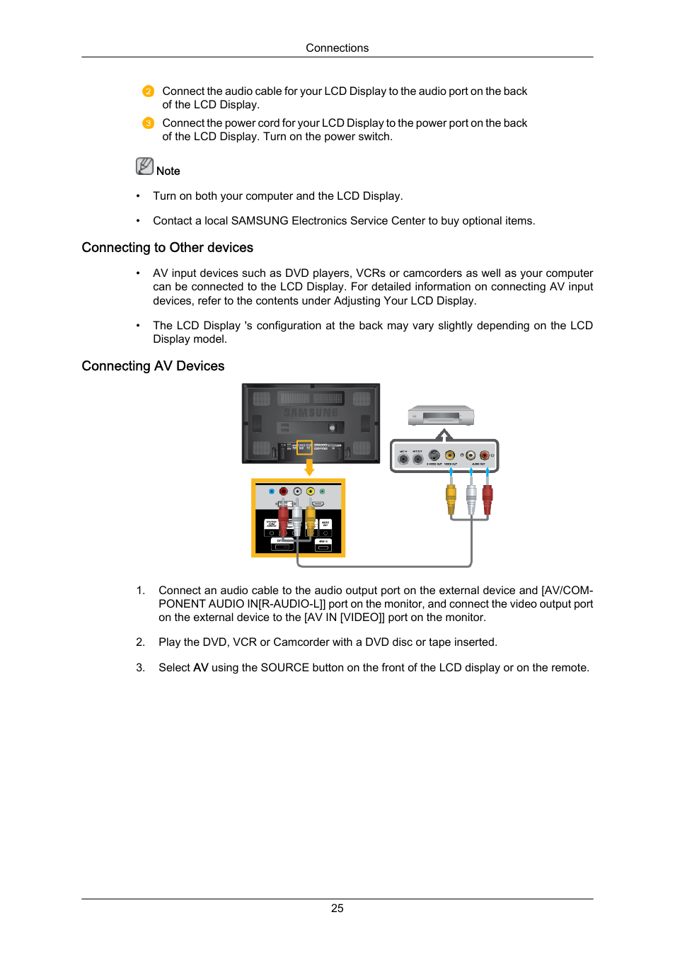 Connecting to other devices, Connecting av devices | Samsung 650FP User Manual | Page 14 / 25