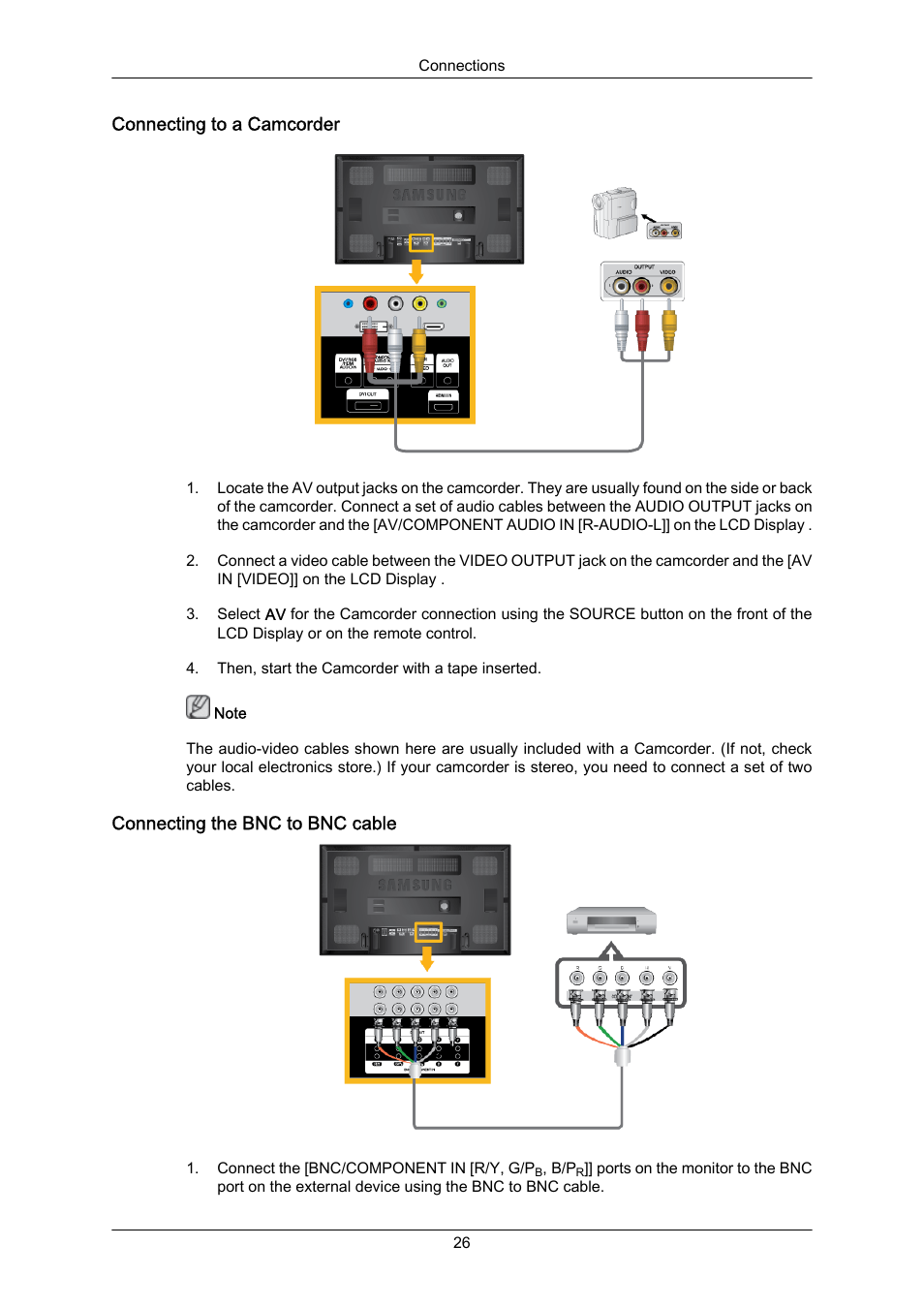 Connecting to a camcorder, Connecting the bnc to bnc cable | Samsung 650FP User Manual | Page 15 / 25