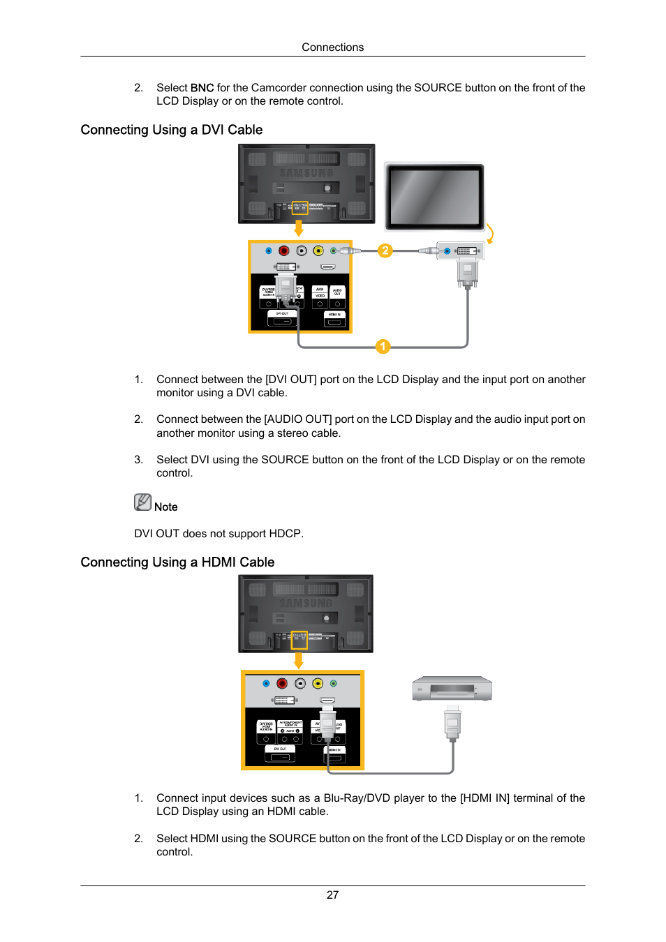 Connecting using a dvi cable, Connecting using a hdmi cable | Samsung 650FP User Manual | Page 16 / 25