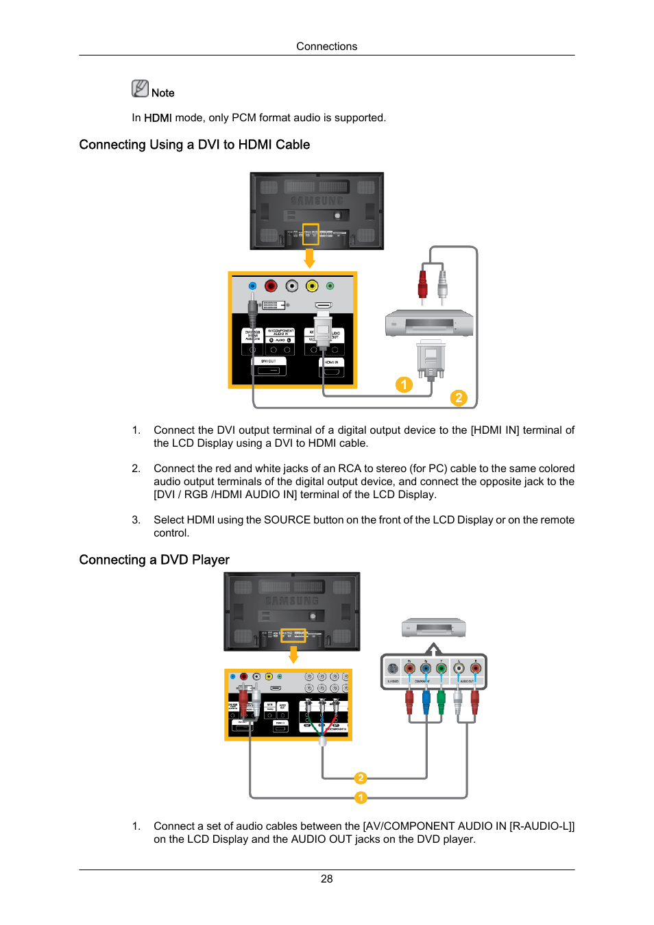 Connecting using a dvi to hdmi cable, Connecting a dvd player | Samsung 650FP User Manual | Page 17 / 25