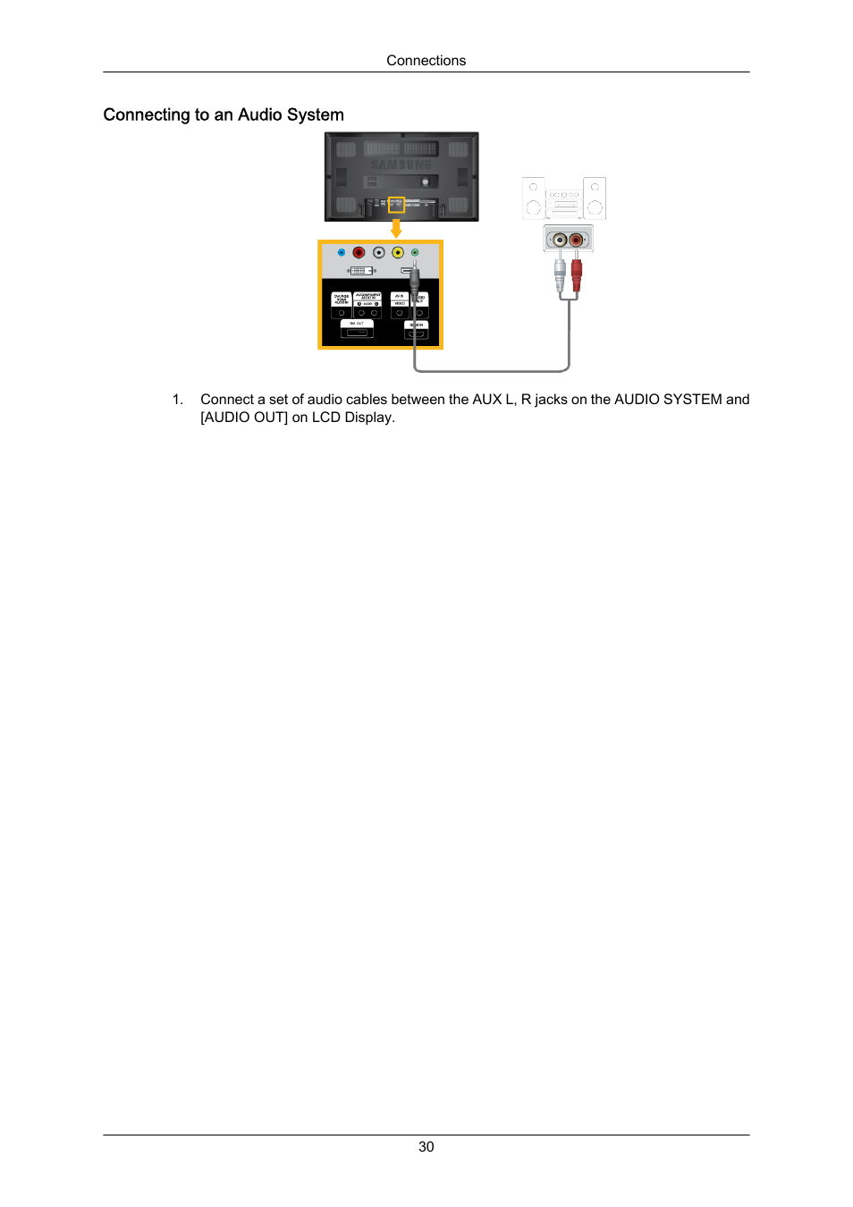 Connecting to an audio system | Samsung 650FP User Manual | Page 19 / 25