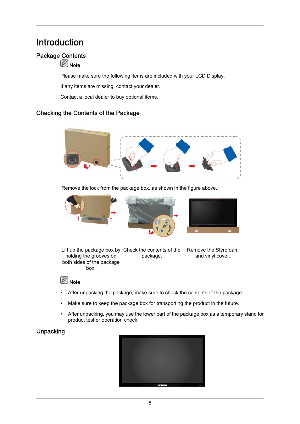 Introduction, Package contents, Checking the contents of the package | Unpacking | Samsung 650FP User Manual | Page 2 / 25