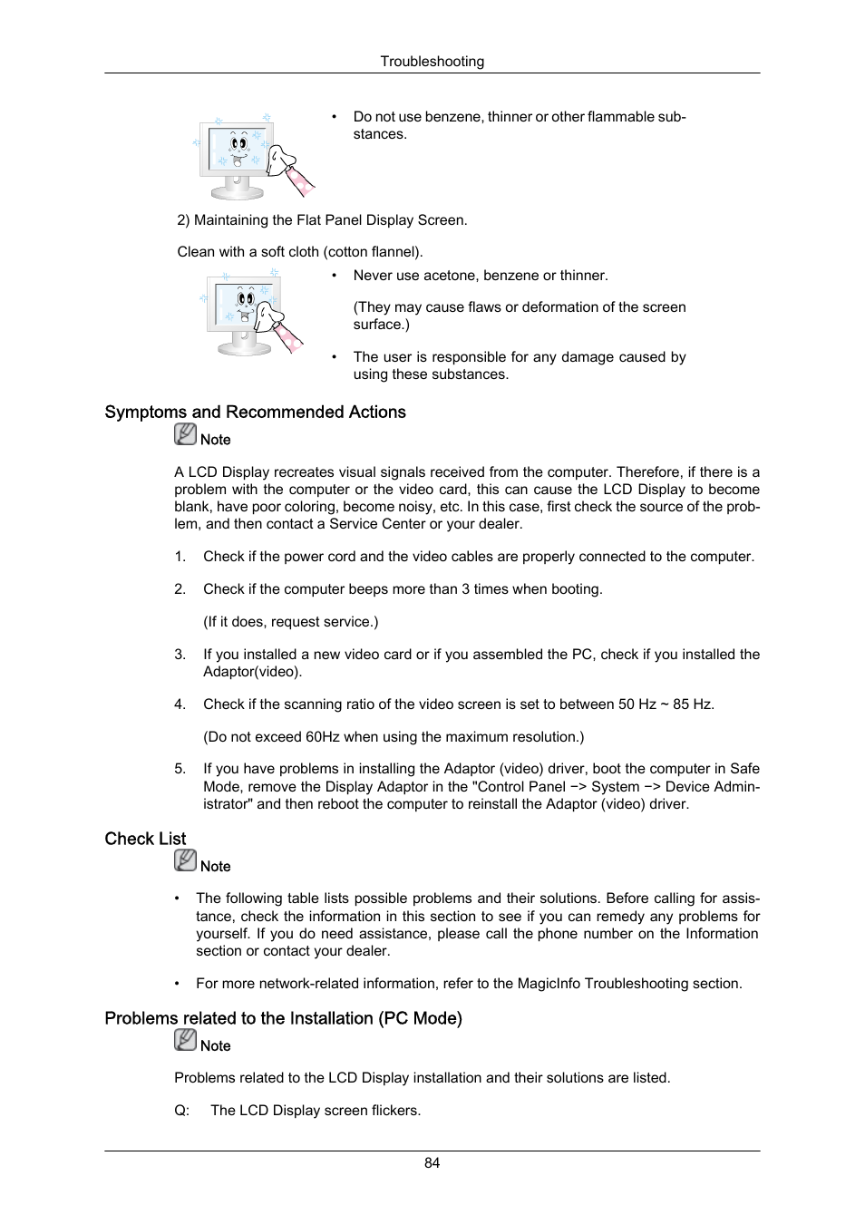 Symptoms and recommended actions, Check list, Problems related to the installation (pc mode) | Samsung 650FP User Manual | Page 21 / 25