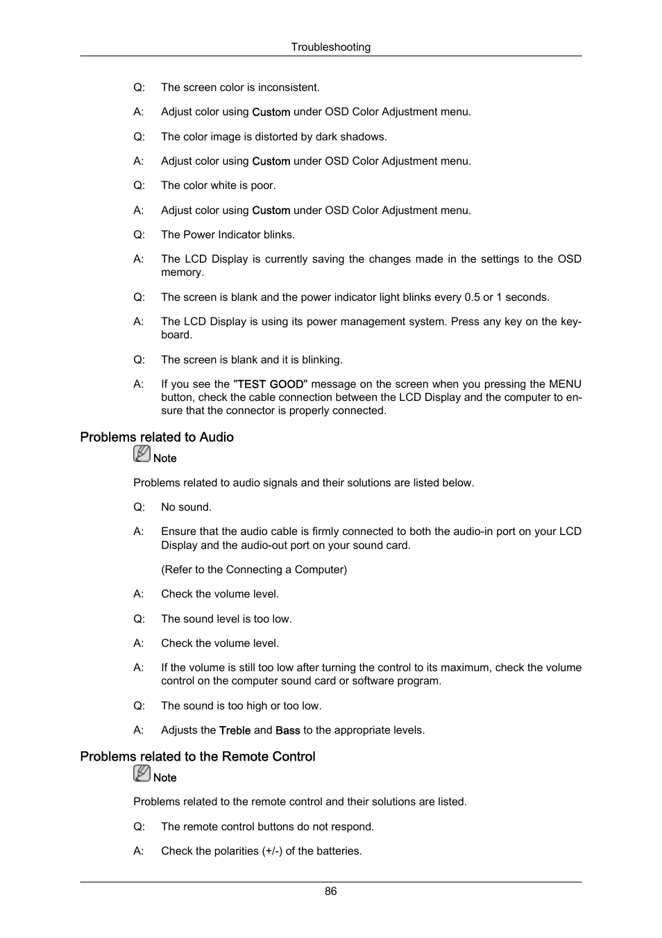 Problems related to audio, Problems related to the remote control | Samsung 650FP User Manual | Page 23 / 25