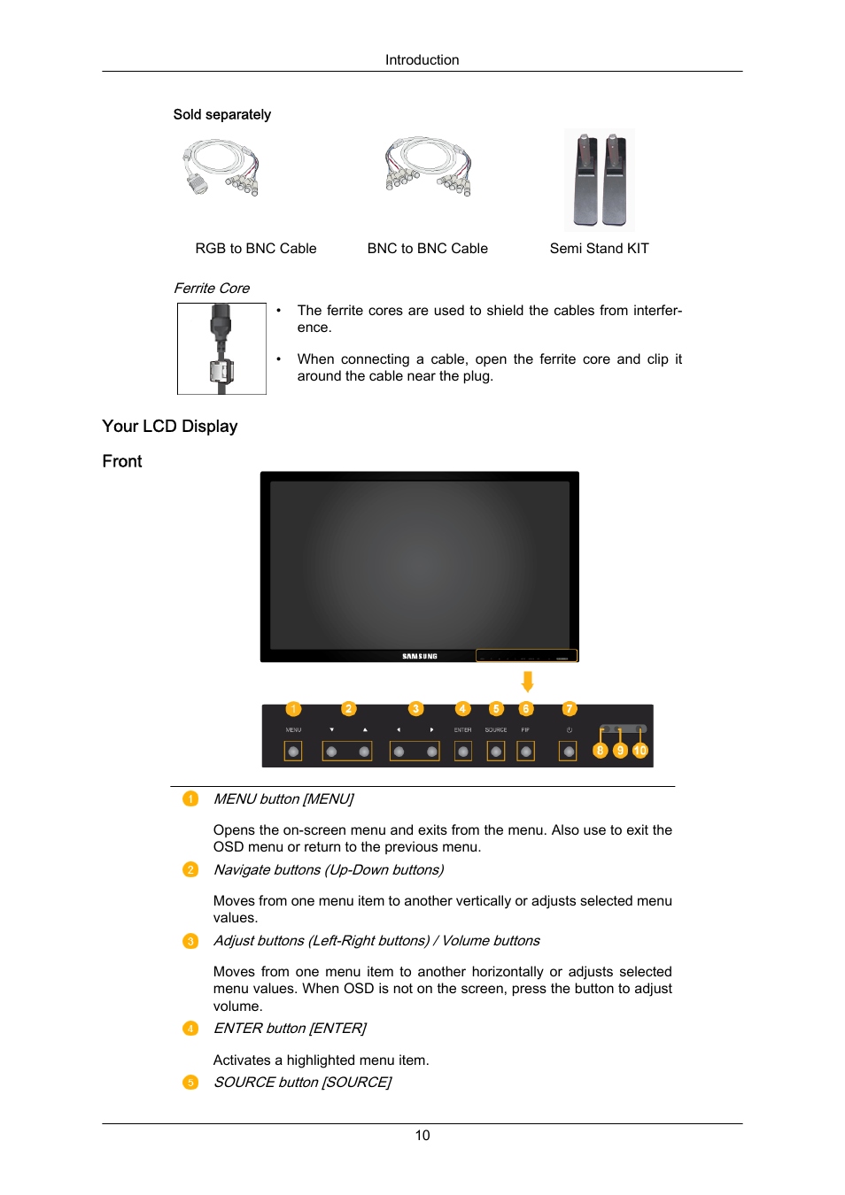 Your lcd display, Front | Samsung 650FP User Manual | Page 4 / 25