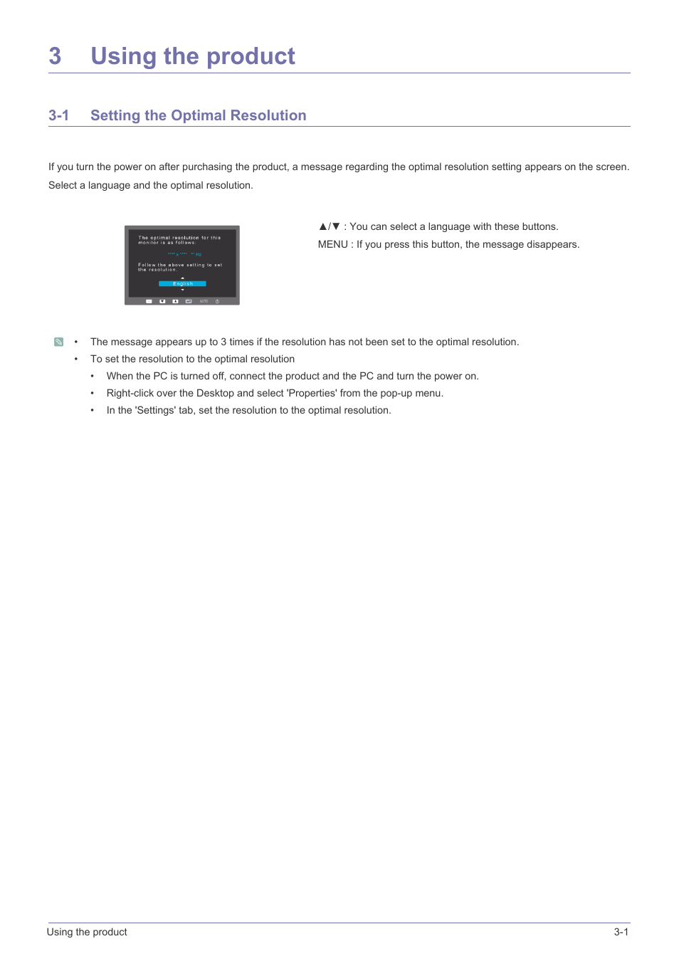 3 using the product, 1 setting the optimal resolution, Using the product | Setting the optimal resolution -1, 3using the product | Samsung SyncMaster XL2370 User Manual | Page 21 / 46