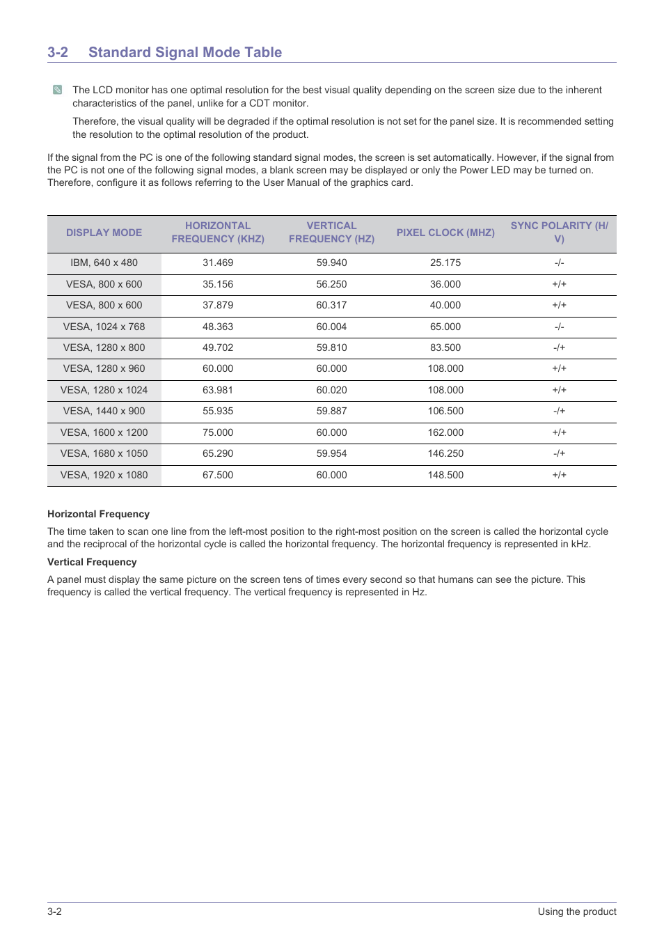 2 standard signal mode table, Standard signal mode table -2 | Samsung SyncMaster XL2370 User Manual | Page 22 / 46
