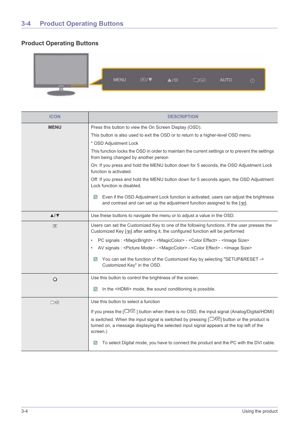4 product operating buttons, Product operating buttons -4, Product operating buttons | Samsung SyncMaster XL2370 User Manual | Page 24 / 46