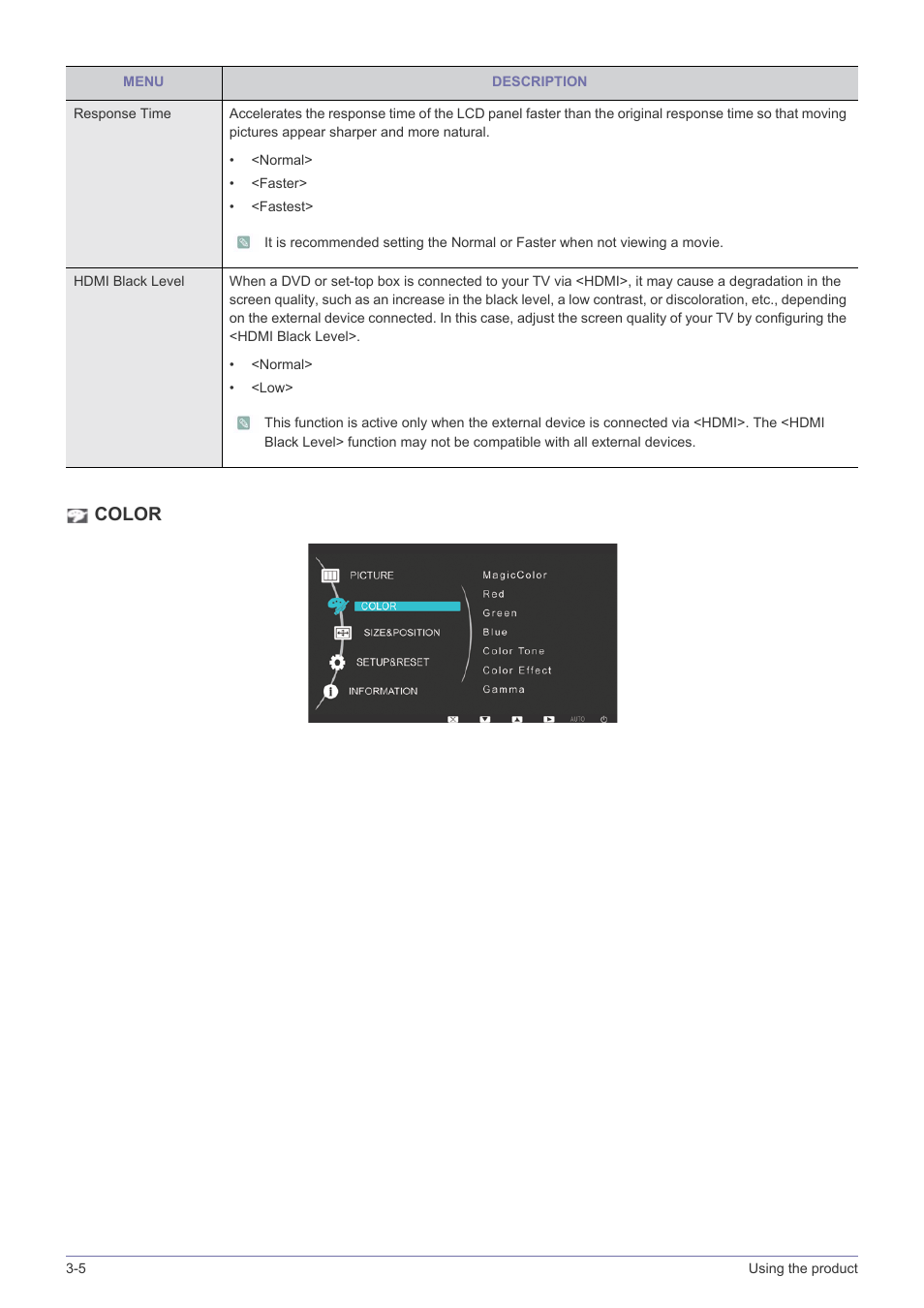 Color | Samsung SyncMaster XL2370 User Manual | Page 28 / 46
