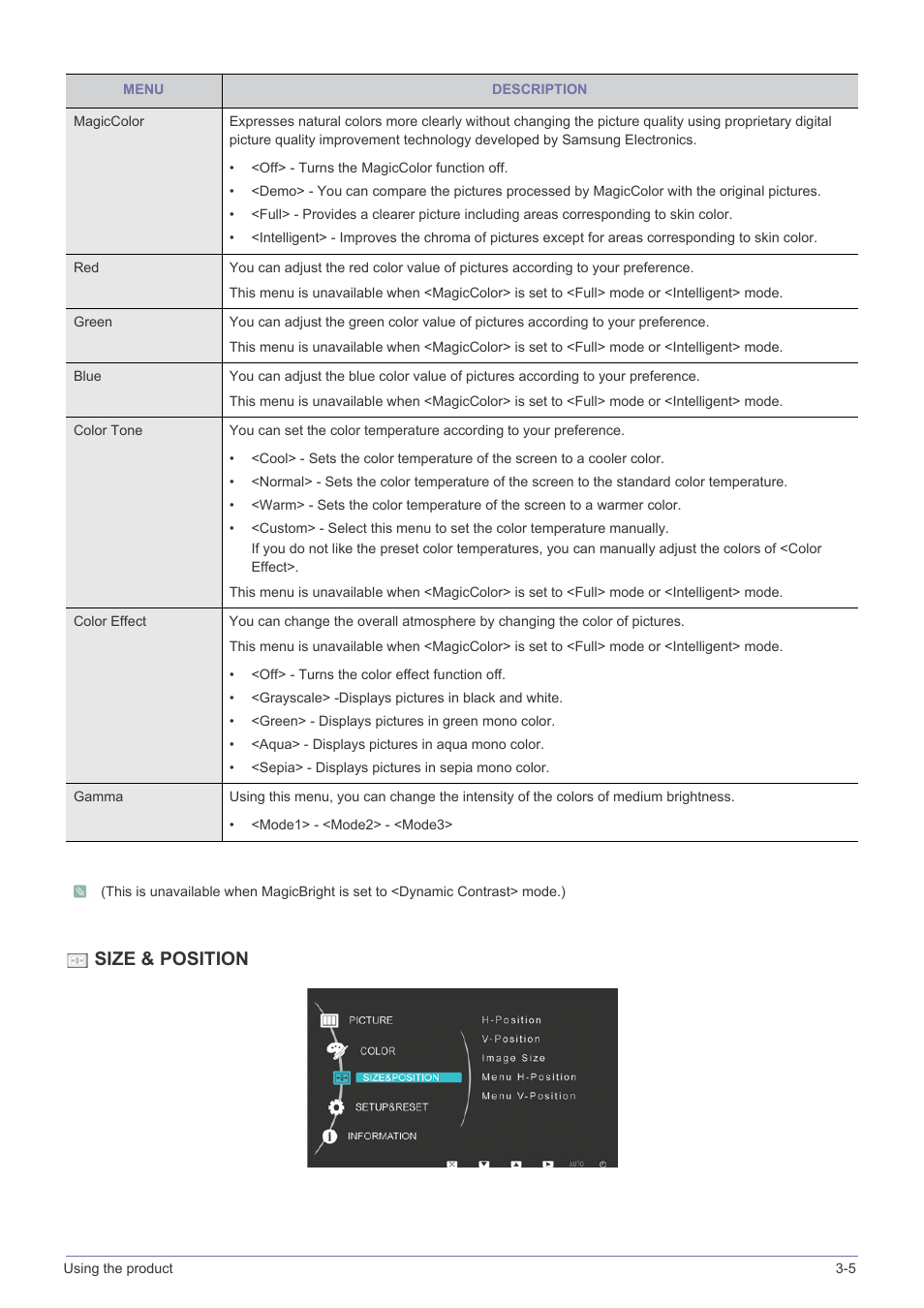 Size & position | Samsung SyncMaster XL2370 User Manual | Page 29 / 46