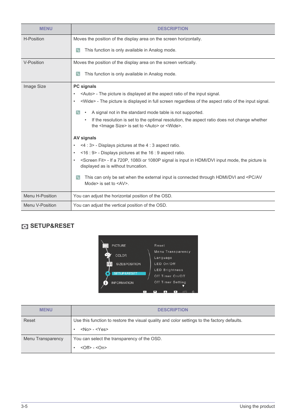 Setup&reset | Samsung SyncMaster XL2370 User Manual | Page 30 / 46