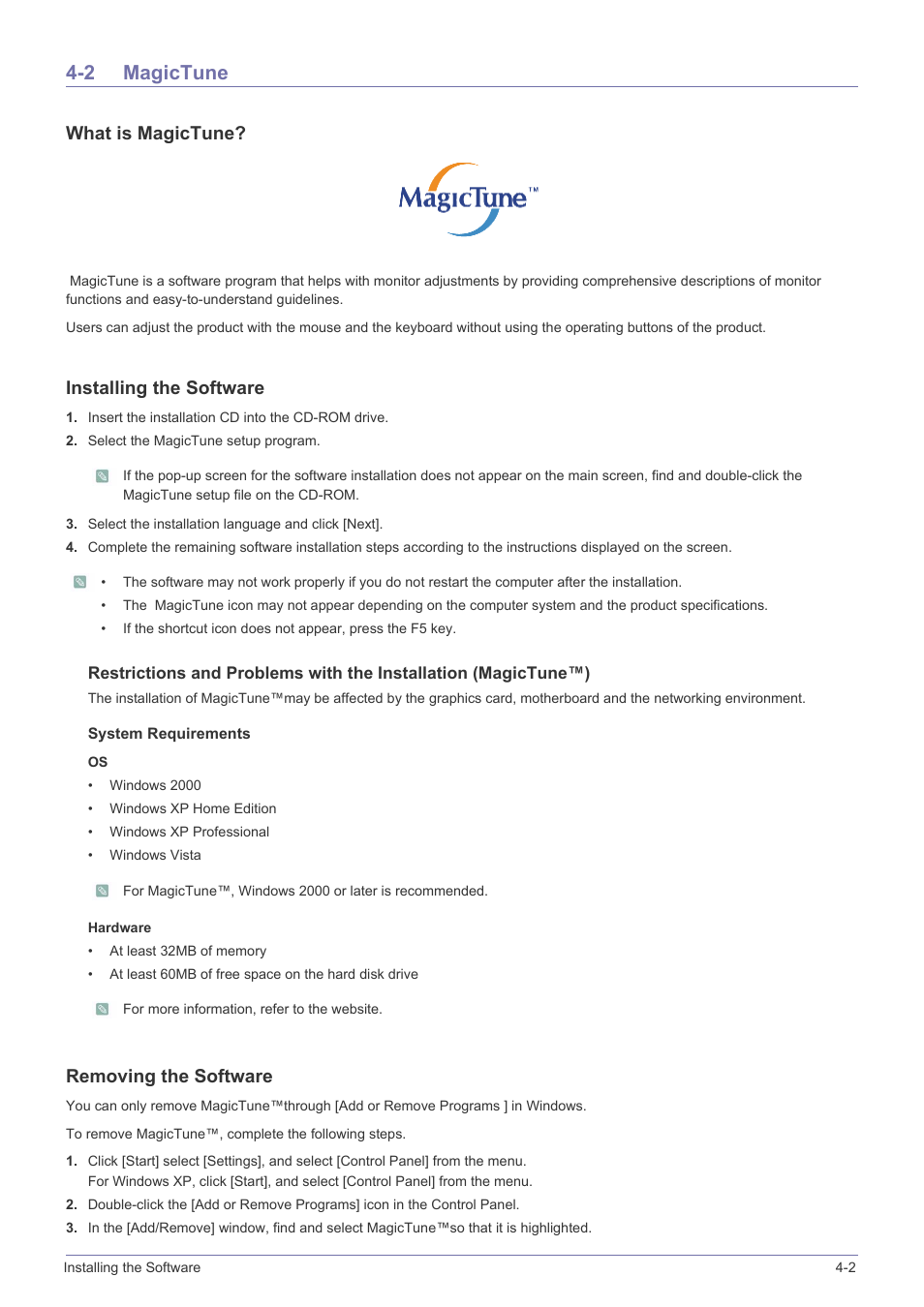 2 magictune, Magictune -2, What is magictune | Installing the software, Removing the software | Samsung SyncMaster XL2370 User Manual | Page 33 / 46