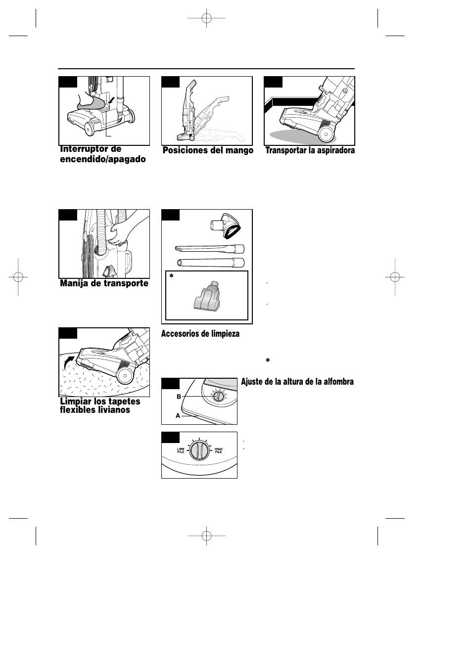 4 2-5 limpiar los tapetes flexibles livianos, Ajuste de la altura de la alfombra, Interruptor de encendido/apagado | Posiciones del mango, Transportar la aspiradora, Accesorios de limpieza | Samsung SU-2900 User Manual | Page 13 / 16