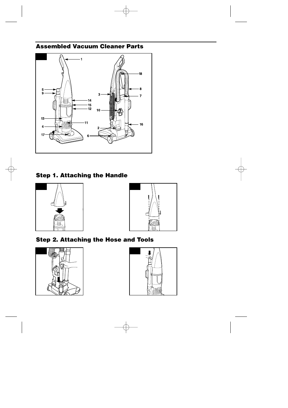 Assembling par ts, Assembled vacuum cleaner parts, Step 1. attaching the handle | Samsung SU-2900 User Manual | Page 3 / 16
