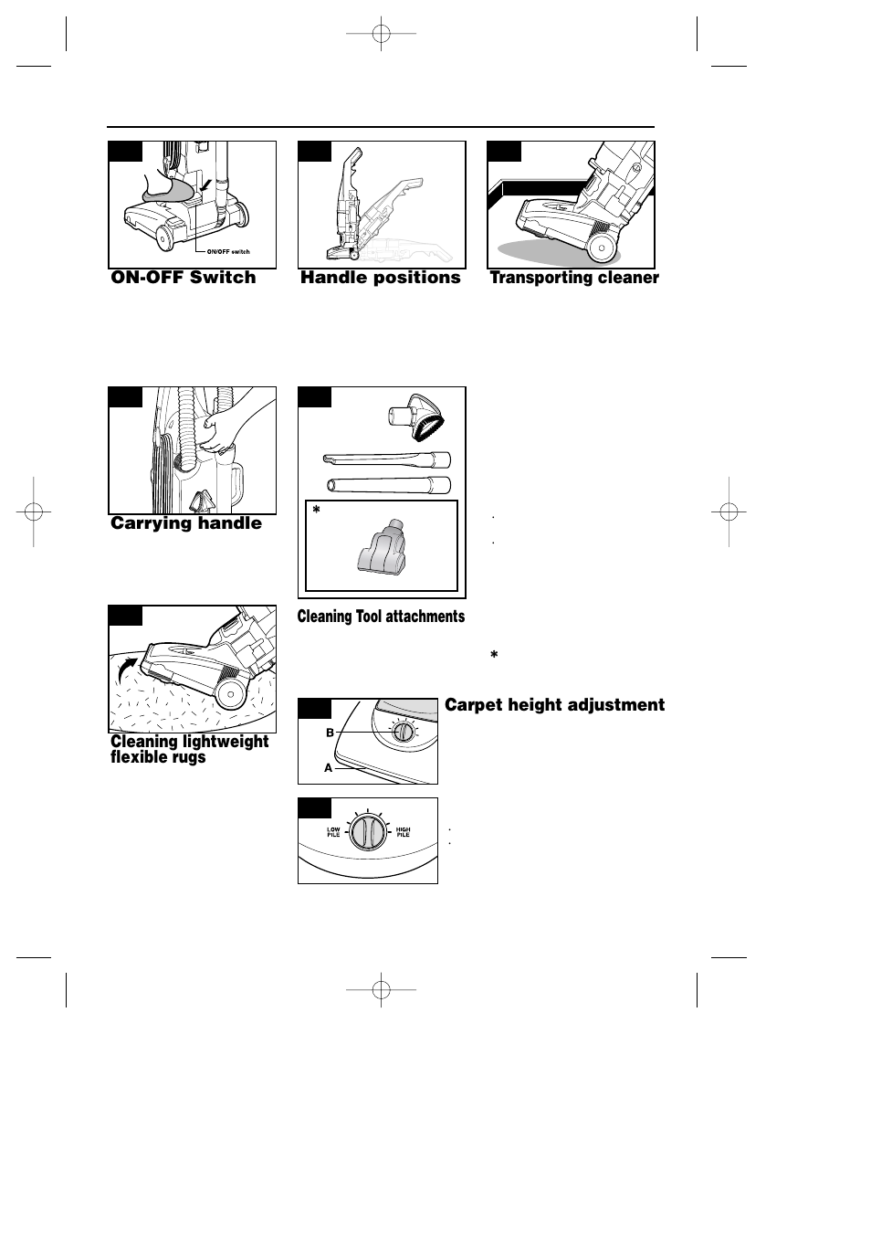 Operation, 4 2-5 cleaning lightweight flexible rugs, Carpet height adjustment | On-off switch, Handle positions, Transporting cleaner, Cleaning tool attachments | Samsung SU-2900 User Manual | Page 4 / 16