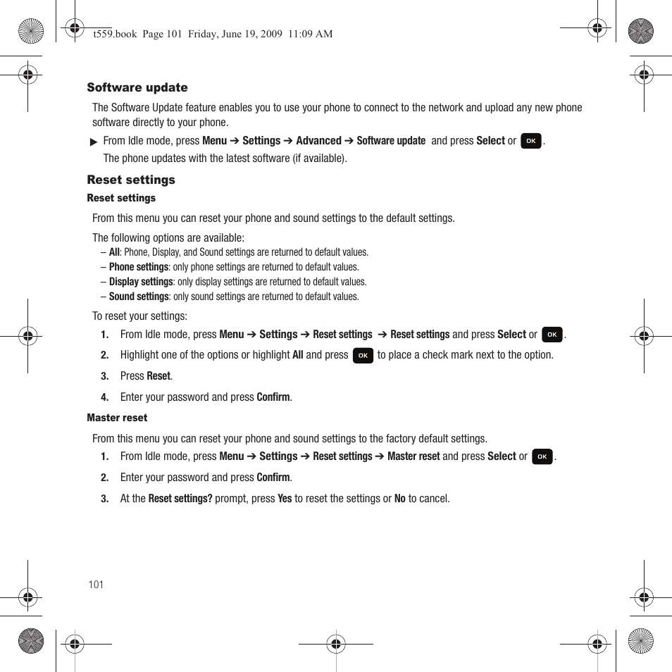 Software update, Reset settings, Software update reset settings | Samsung Comeback GH68-22878A User Manual | Page 104 / 158