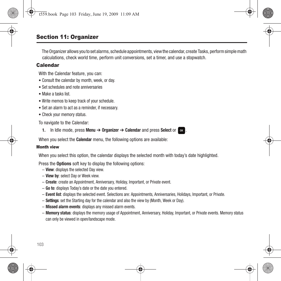 Section 11: organizer, Calendar | Samsung Comeback GH68-22878A User Manual | Page 106 / 158