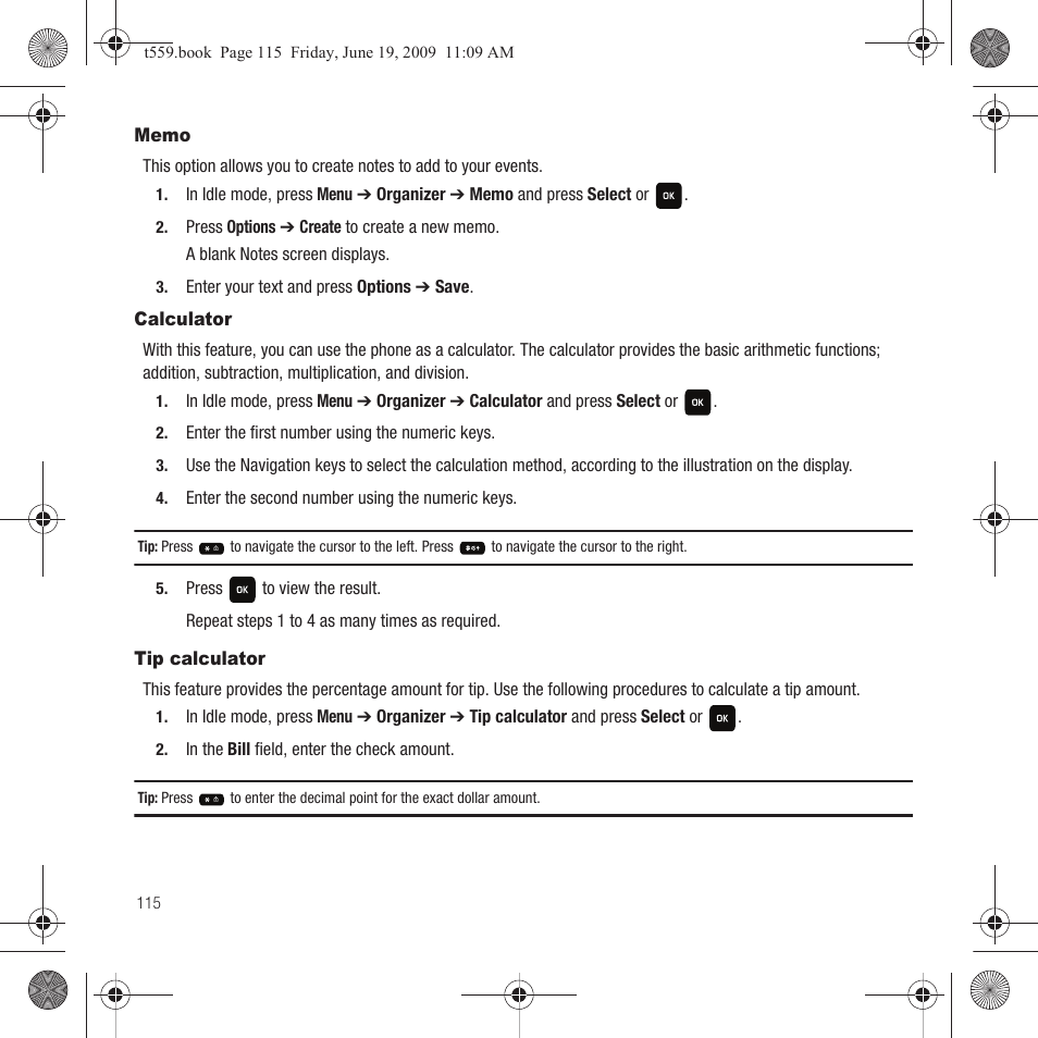 Memo, Calculator, Tip calculator | Memo calculator tip calculator | Samsung Comeback GH68-22878A User Manual | Page 118 / 158