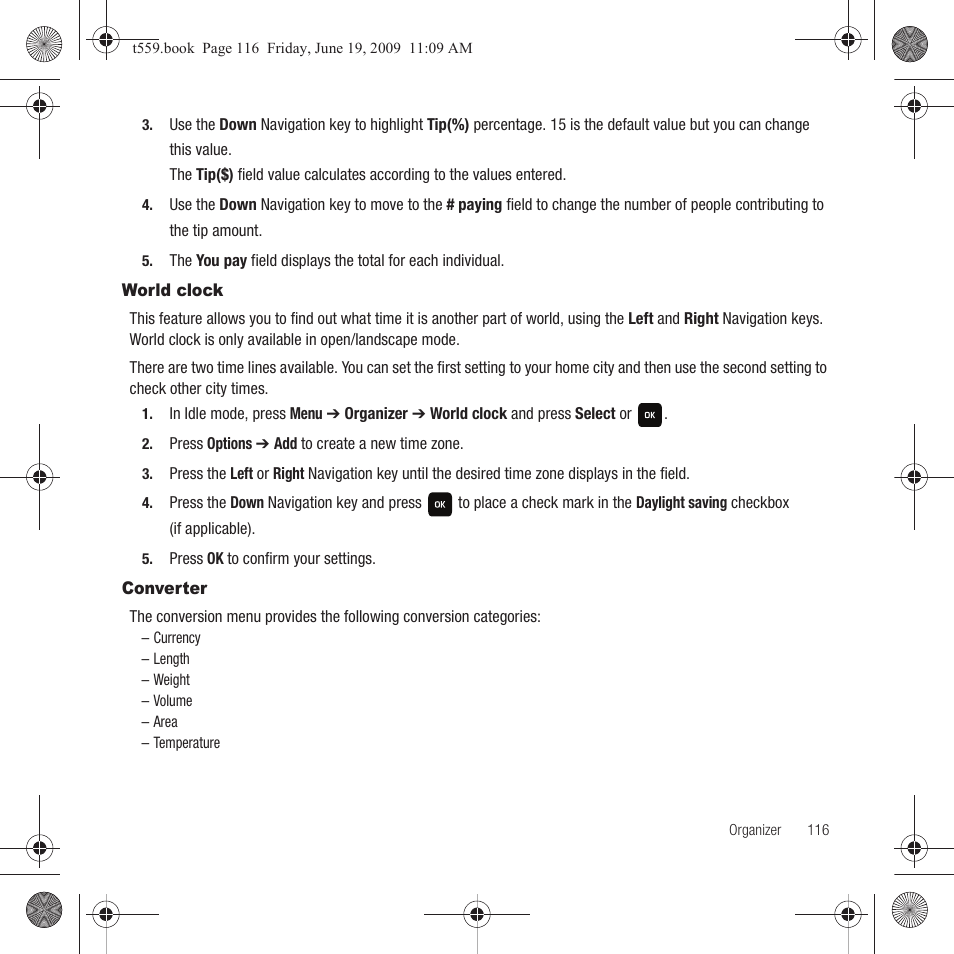 World clock, Converter, World clock converter | Samsung Comeback GH68-22878A User Manual | Page 119 / 158