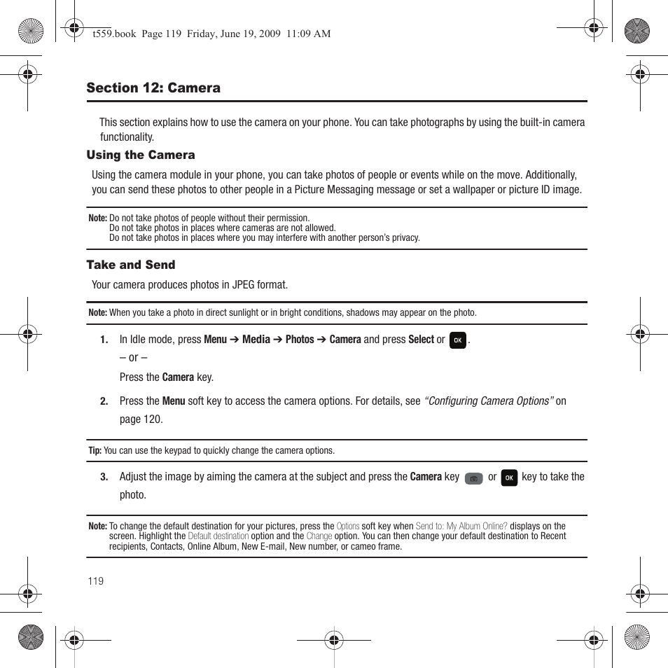 Section 12: camera, Using the camera, Take and send | Using the camera take and send | Samsung Comeback GH68-22878A User Manual | Page 122 / 158