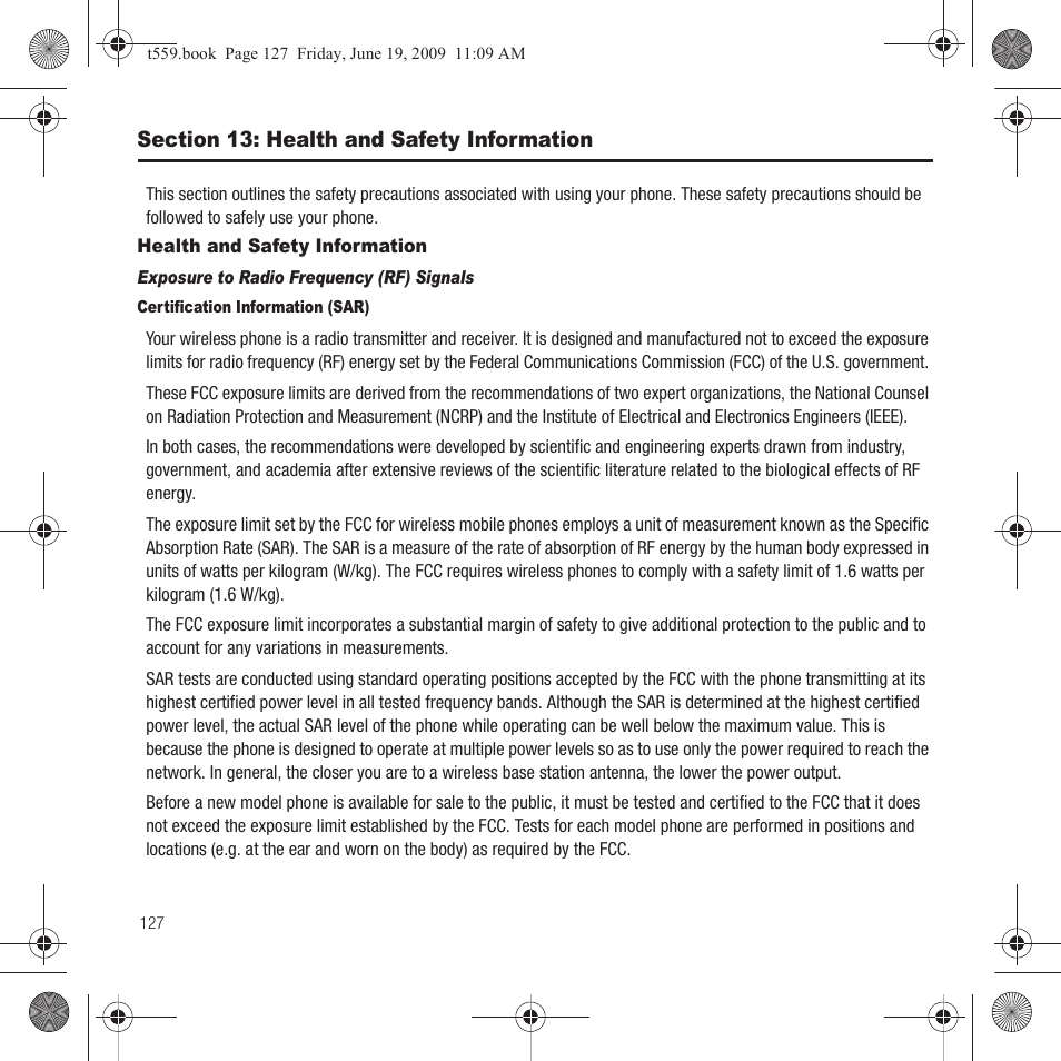 Section 13: health and safety information, Health and safety information | Samsung Comeback GH68-22878A User Manual | Page 130 / 158