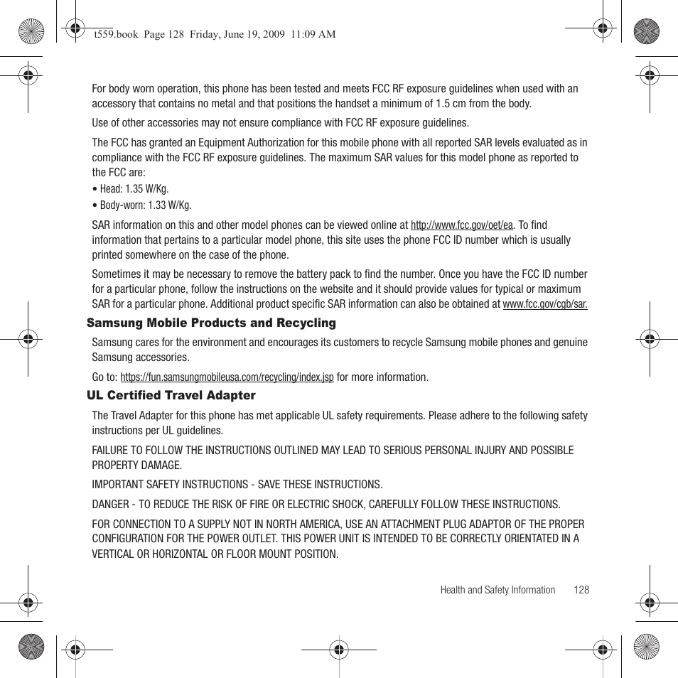 Samsung mobile products and recycling, Ul certified travel adapter | Samsung Comeback GH68-22878A User Manual | Page 131 / 158